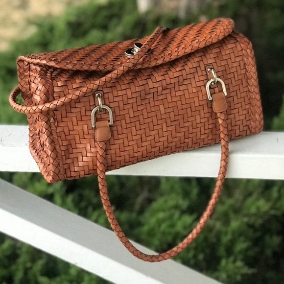 Talbots Handbags - Talbots Cognac Woven Genuine Leather Satchel